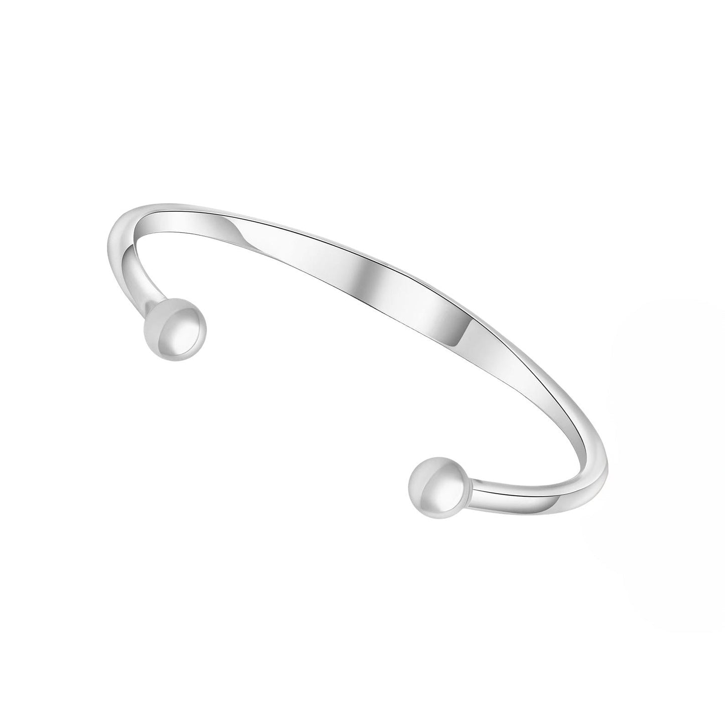 Silver open bangle with spherical ends on a white background