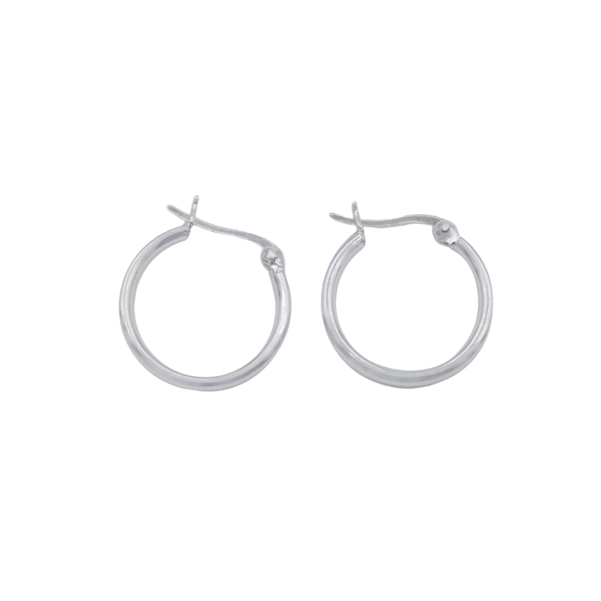 Pair of silver hoop earrings on a white background