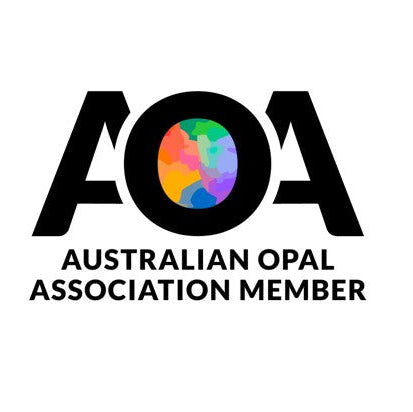Logo of the Australian Opal Association with a colorful circle in the center on a white background.