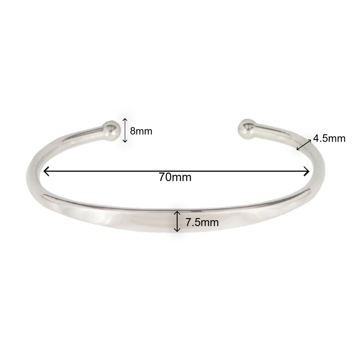 Silver bangle with dimensions labeled on a white background