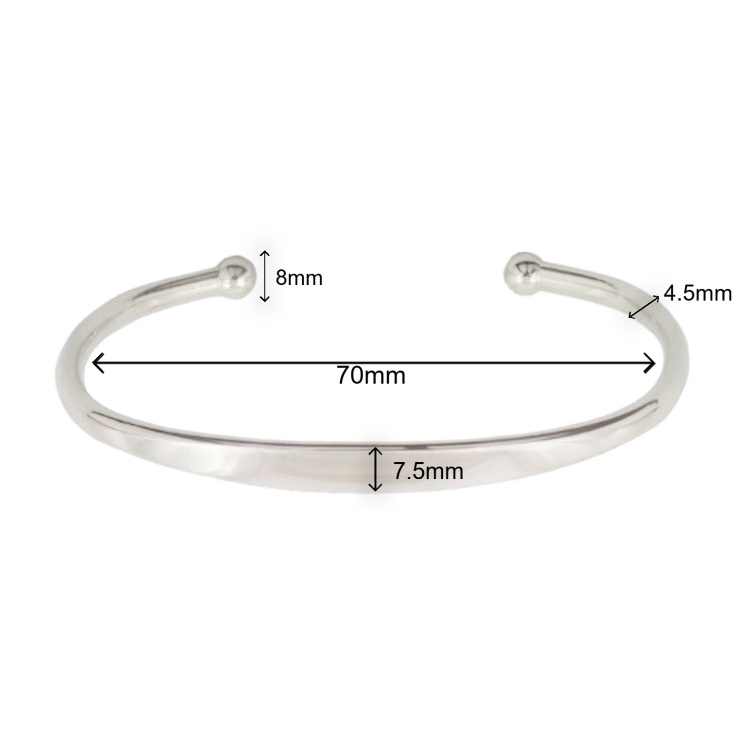 Silver bangle with dimensions labeled on a white background