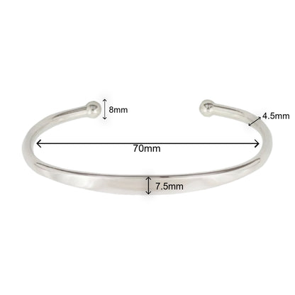 Silver bangle with dimensions labeled on a white background