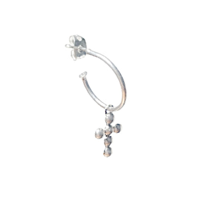 Silver hoop earring with a cross and beads on a white background