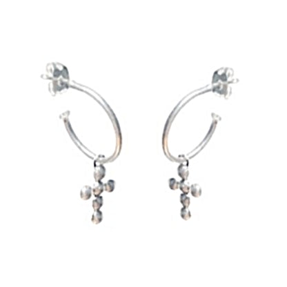 Silver hoop earrings with small dangling beads on a white background