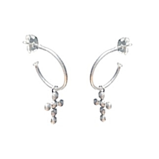 Silver hoop earrings with small dangling beads on a white background