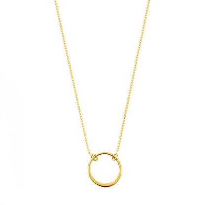 Gold necklace with a simple ring pendant on a white background