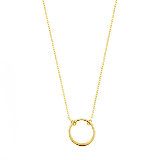 Gold necklace with a simple ring pendant on a white background