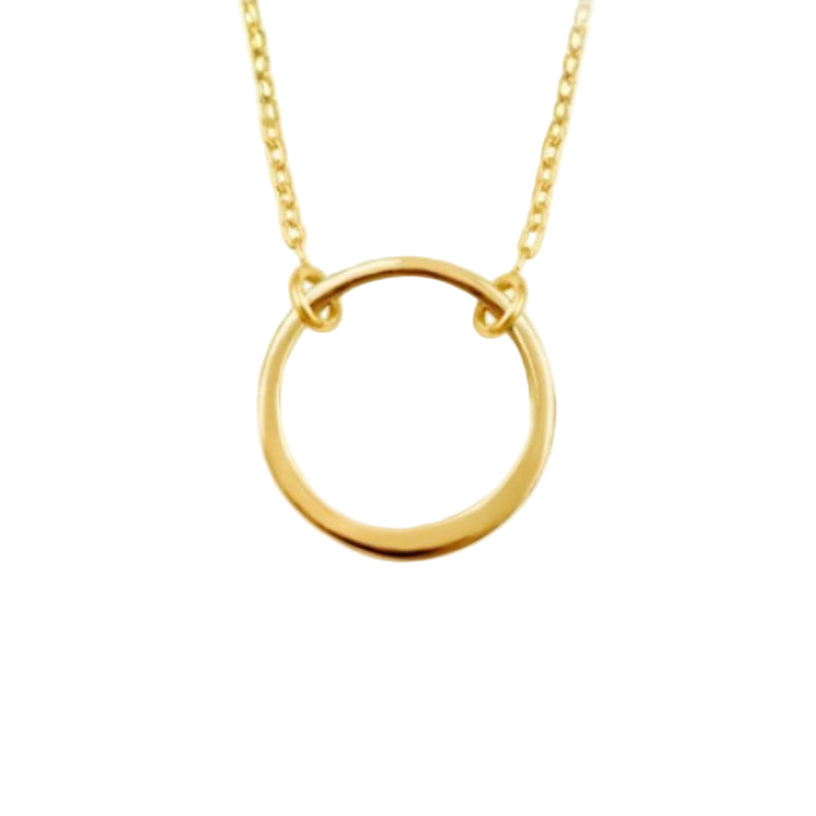 Gold necklace with a circular pendant on a white background