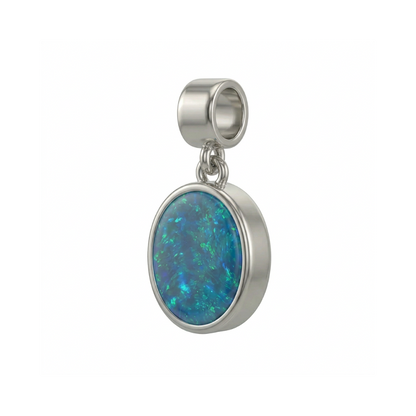 Close up of Coober Pedy Australian opal doublet 9 x 7 mm set in sterling silver bezel pendant