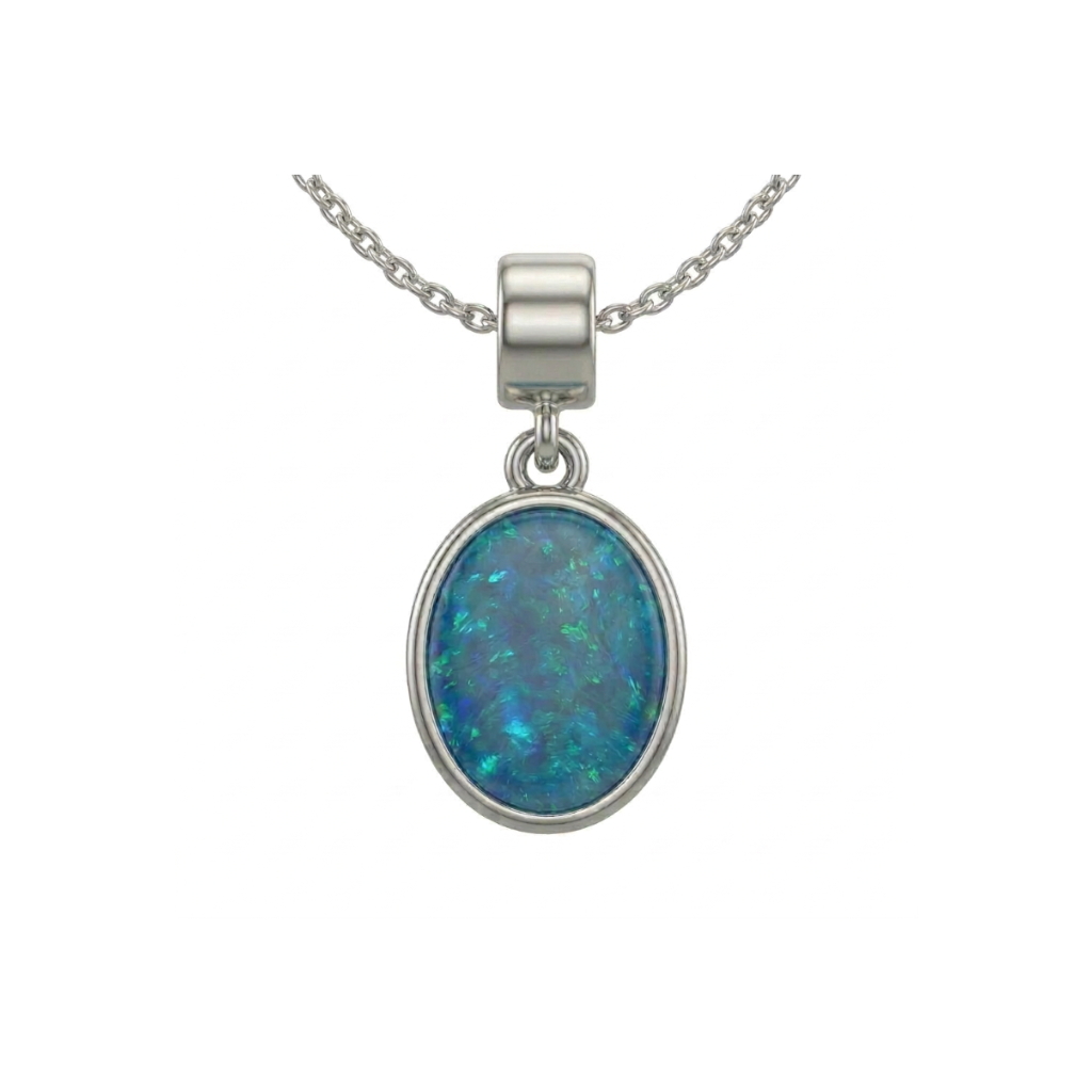 Ocean Glow Coober Pedy deep blue opal pendant on 45 cm 925 sterling silver cable chain necklace on white background
