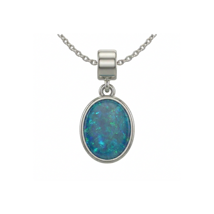 Ocean Glow Coober Pedy deep blue opal pendant on 45 cm 925 sterling silver cable chain necklace on white background