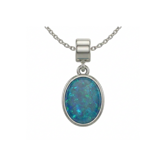 Ocean Glow Coober Pedy deep blue opal pendant on 45 cm 925 sterling silver cable chain necklace on white background