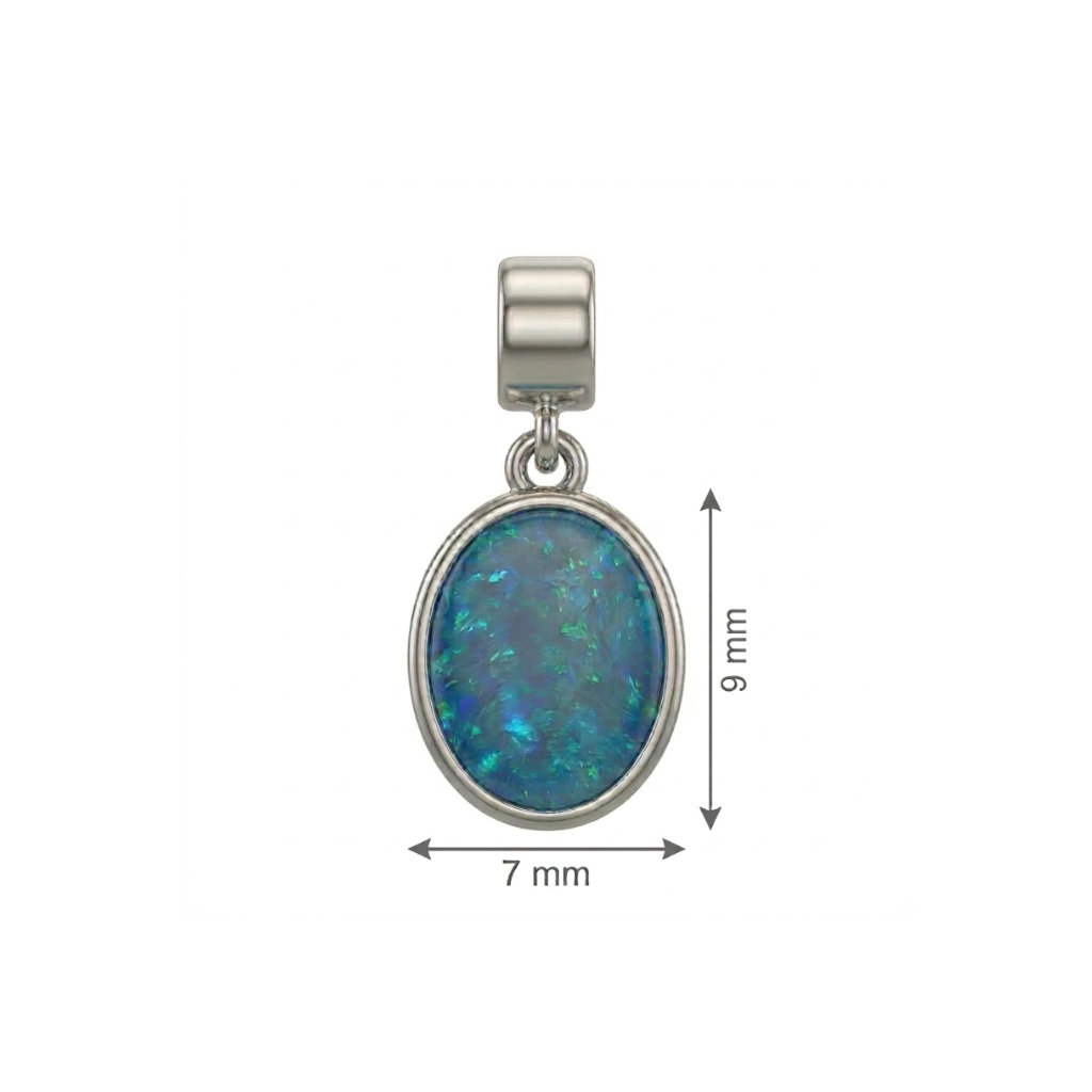 Silver pendant with a blue gemstone, shown with dimensions on a white background