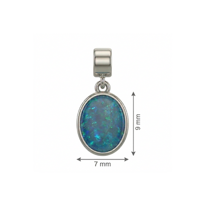 Silver pendant with a blue gemstone, shown with dimensions on a white background