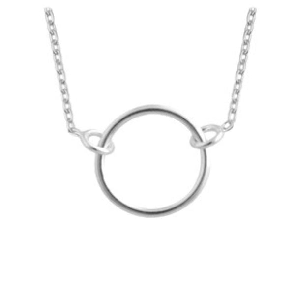 Silver necklace with a circular pendant on a white background