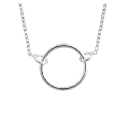 Silver necklace with a circular pendant on a white background
