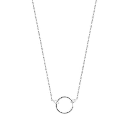 Silver necklace with a small circle pendant on a white background