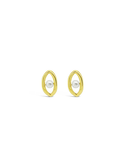 Oval'd Pearl Stud Earrings, Gold